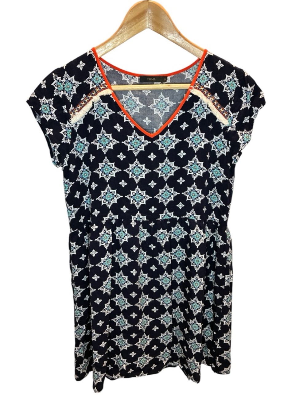Anthropologie THML Top S Navy Geometric Floral Embroidered Tassel V-Neck Boho